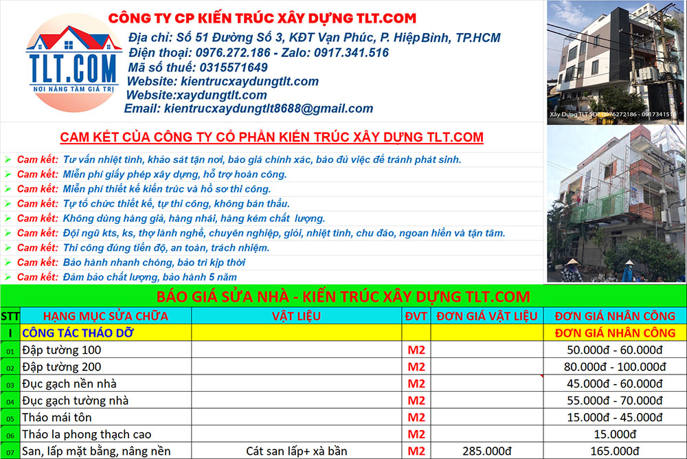 đơn giá sửa nhà tphcm