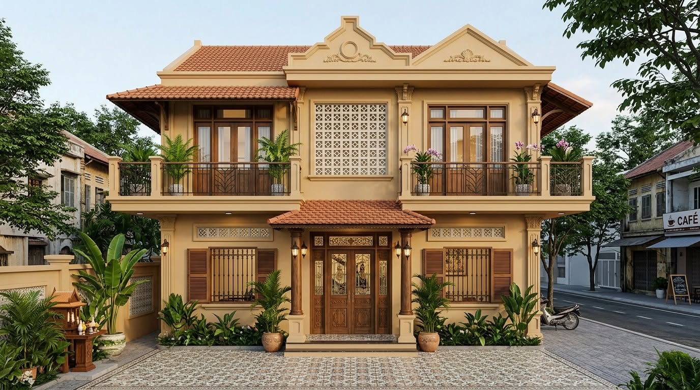 Nhà 1 trệt 1 lầu phong cách Indochine