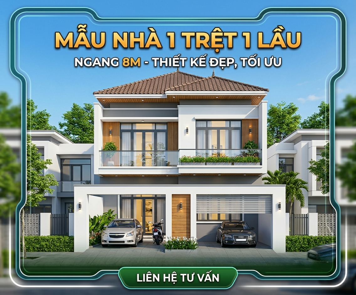 Nhà ngang 8m thiết kế 1 trệt 1 lầu