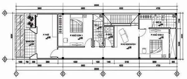 Bố tr&iacute; mặt bằng lầu 2 nh&agrave; mặt tiền 5m đẹp