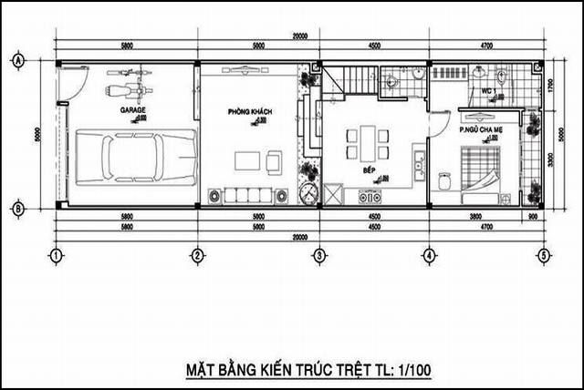 Ngang 5m m&acirc;̃u nhà 1 tr&ecirc;̣t 1 l&acirc;̀u 5x20